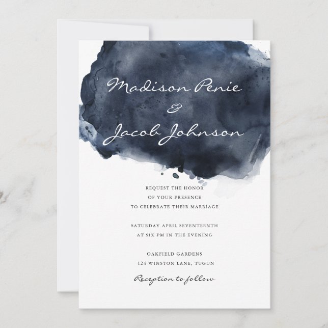 Modern djup marin vattenfärgsfärg Stänk Bröllop Inbjudningar (Framsida)