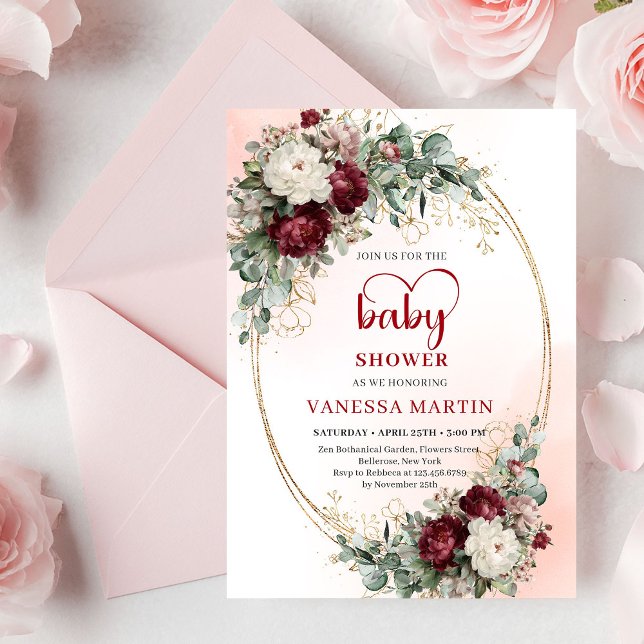 Modern djup röd blommig guld baby shower inbjudan (Modern Deep Red Floral Gold Baby Shower Invite

)