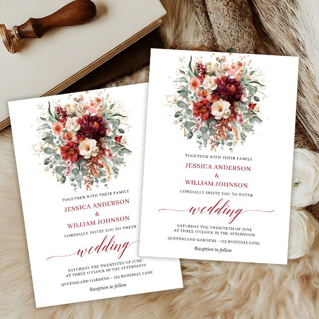 Modern djupröd blomster eukalyptus höst inbjudan (Modern Deep Red Floral Eucalyptus Fall Invitation

)