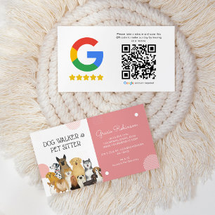 Modern Dog Walker Pet Sitter Rosa QR Review Visitkort