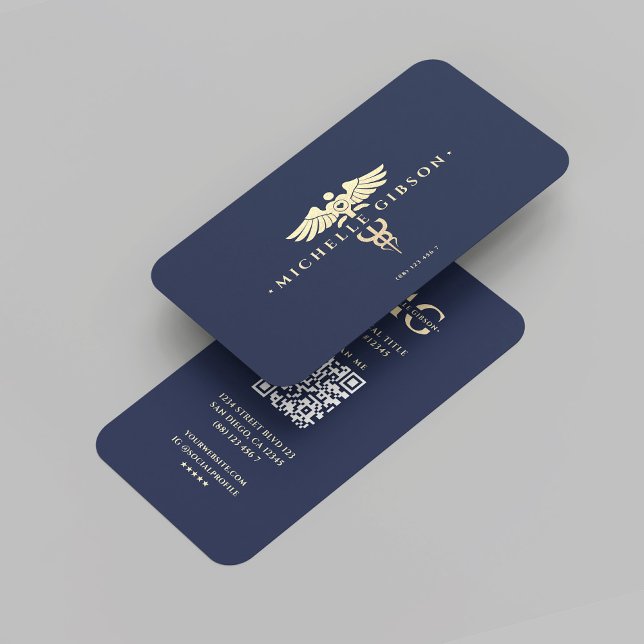 Modern Doktor Nurse Caduceus Mörk blått Guld Visitkort (Modern Doctor Nurse Caduceus Dark Blue Gold Business Card
)