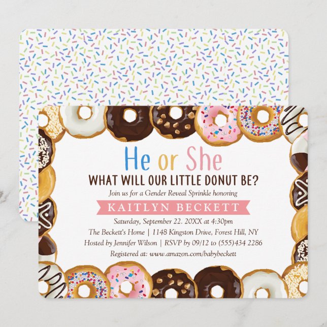 Modern Donut Sprinkle Gender Reveal Party Inbjudningar (Fram/baksida)