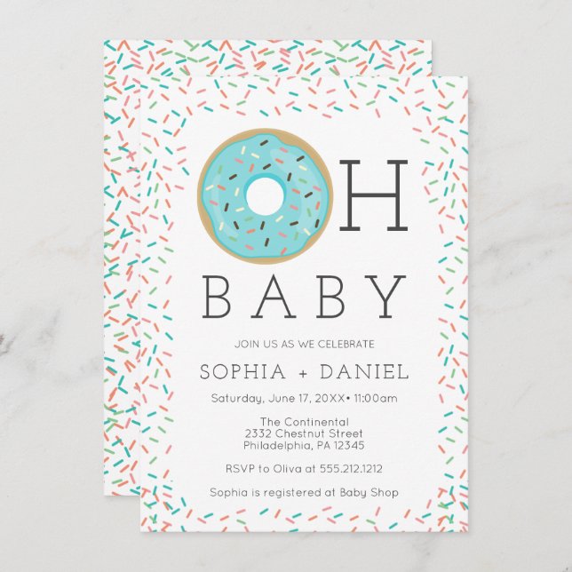 Modern Donut Sprinkles Baby Shower-inbjudningskort Inbjudningar (Fram/baksida)