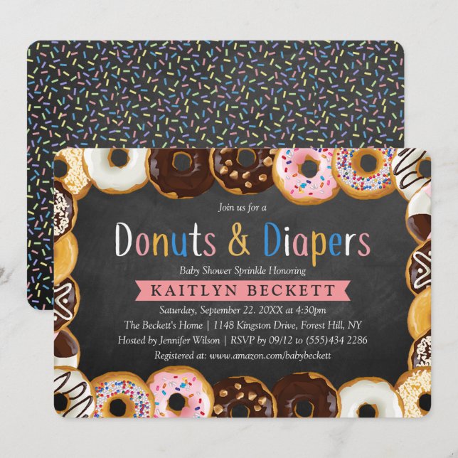 Modern Donuts & Diaper Baby Shower Sprinkle Inbjudningar (Fram/baksida)