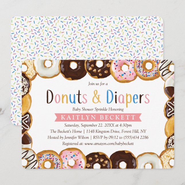 Modern Donuts & Diaper Baby Shower Sprinkle Inbjudningar (Fram/baksida)