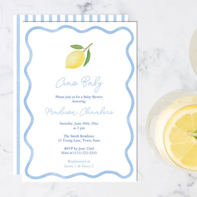Modern Doodle Blå Kant Citron Baby Pojke Shower Inbjudningar (Ciao baby! Boho citrus baby boy shower invitations with wavy border and pale blue and white stripes)