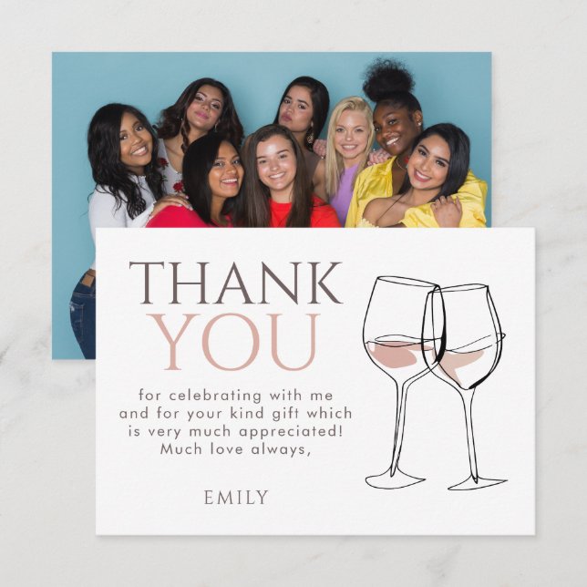 Modern Doodle Wine Photo Thank You Bridal Shower Tack Kort (Fram/baksida)