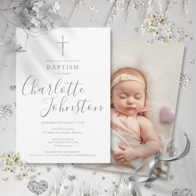 Modern dop silver signatur foto inbjudningar (Modern Baptism Christening Silver Signature Photo Invitation)