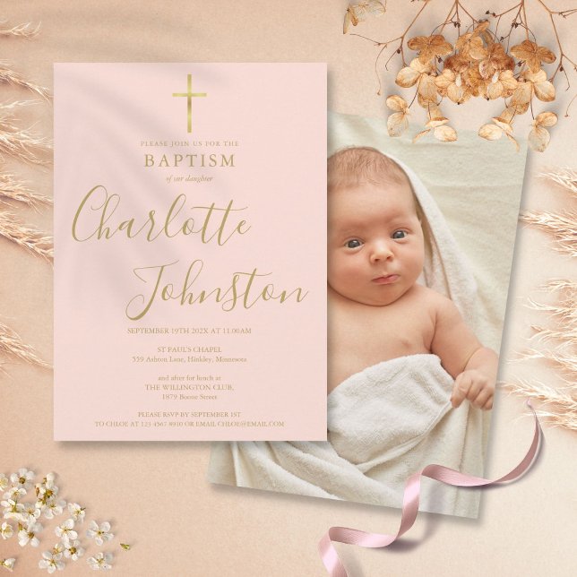 Modern dopdagsfirande guld rosa foto inbjudningar (Modern Baptism Christening Gold Blush Pink Photo Invitation)