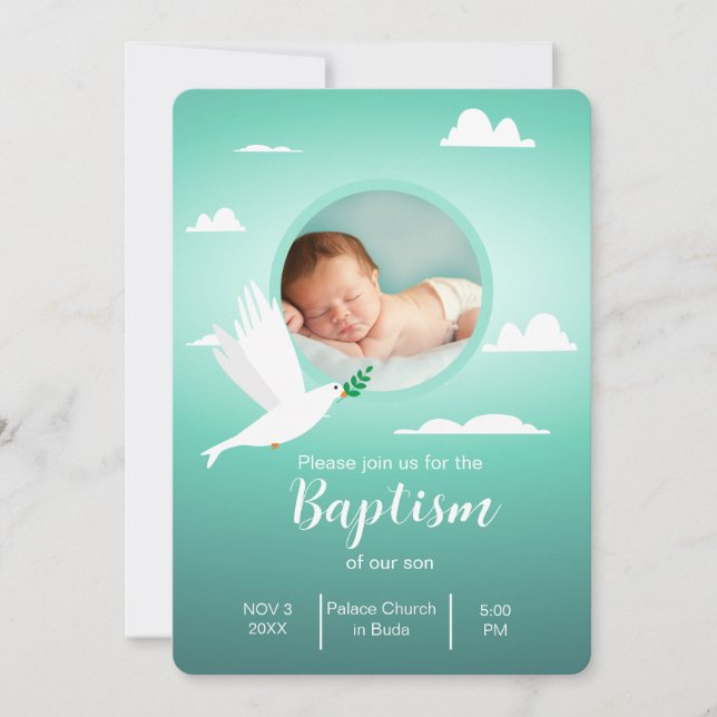 Modern dopfödelsesinbjudan i tealblå för pojke inbjudningar (Framsida)