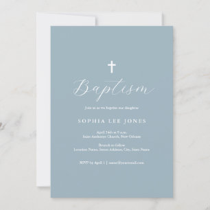 Modern dopinvitation med script i dammig blå inbjudningar
