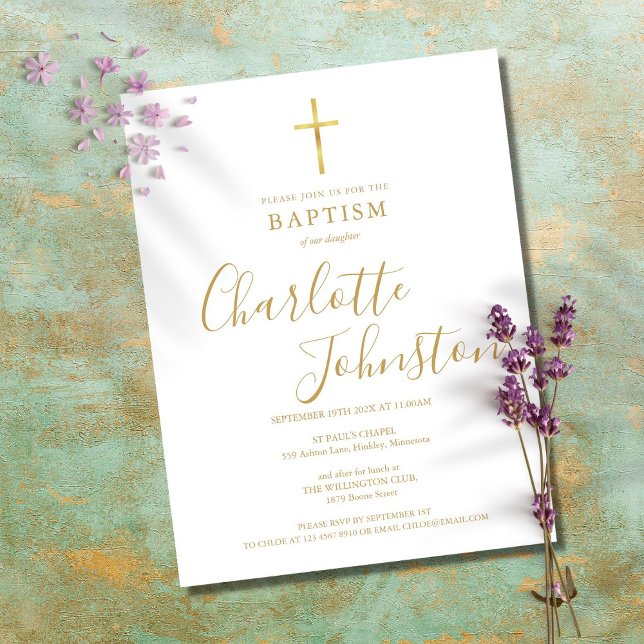 Modern dopning dop ceremoniel guld signatur skrift inbjudan vykort (Skapare uppladdad)