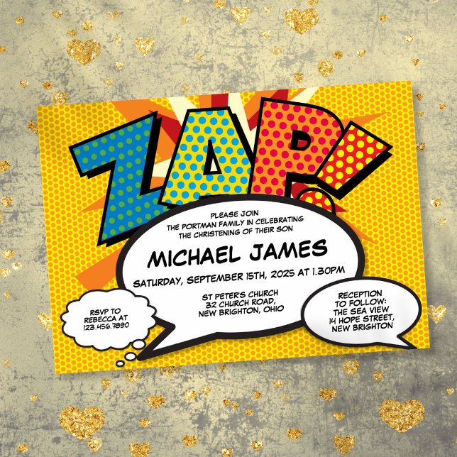 Modern dopning dopfun komisk bok ZAP  Inbjudningar (Modern Baptism Christening Fun Comic Book ZAP Invitation)