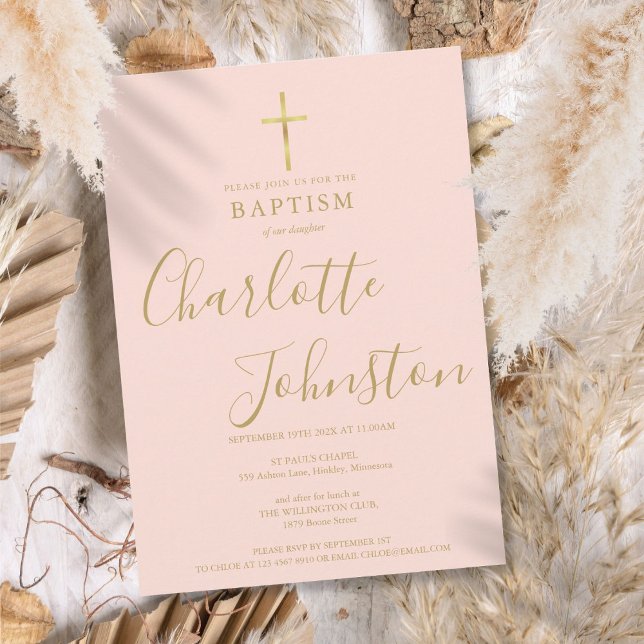 Modern dopning guld skrift rosabränd inbjudningar (Modern Baptism Christening Gold Script Blush Pink Invitation)