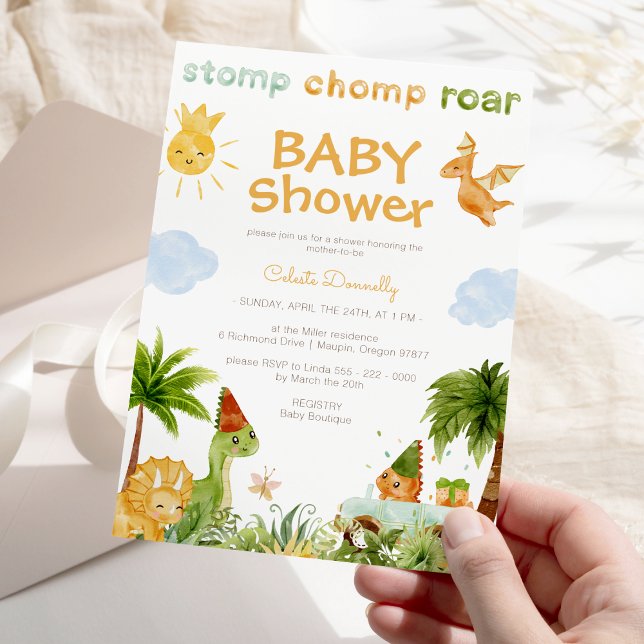 Modern dosoaur White Gender Neutral Baby Shower Inbjudningar (Skapare uppladdad)