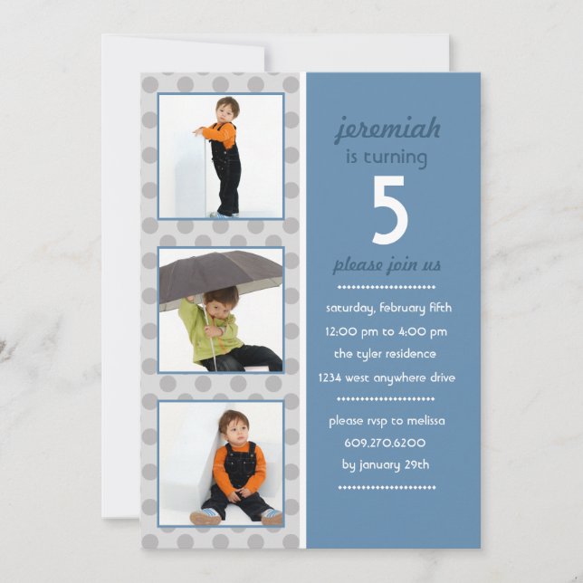 Modern Dot Photo Birthday-inbjudan (Stålblått) Inbjudningar (Framsida)