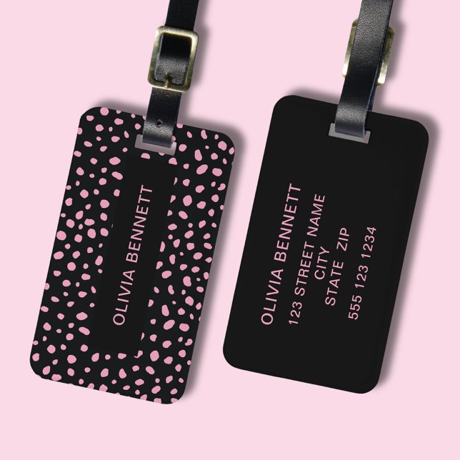 Modern Dots Black Rosa Bagagebricka (Modern & stylish luggage tag perfect travel accessories  Black with scattered pink dots. Customize!)