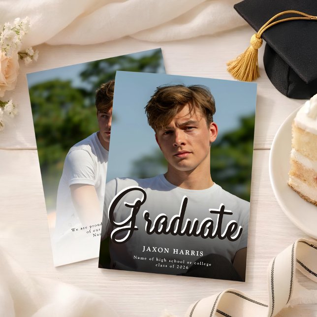 Modern Double Sided Photo Graduation Announcement Meddelande (Skapare uppladdad)