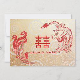 Modern Dragon-Phoenix Chinese Bröllop Guld Red Inbjudningar