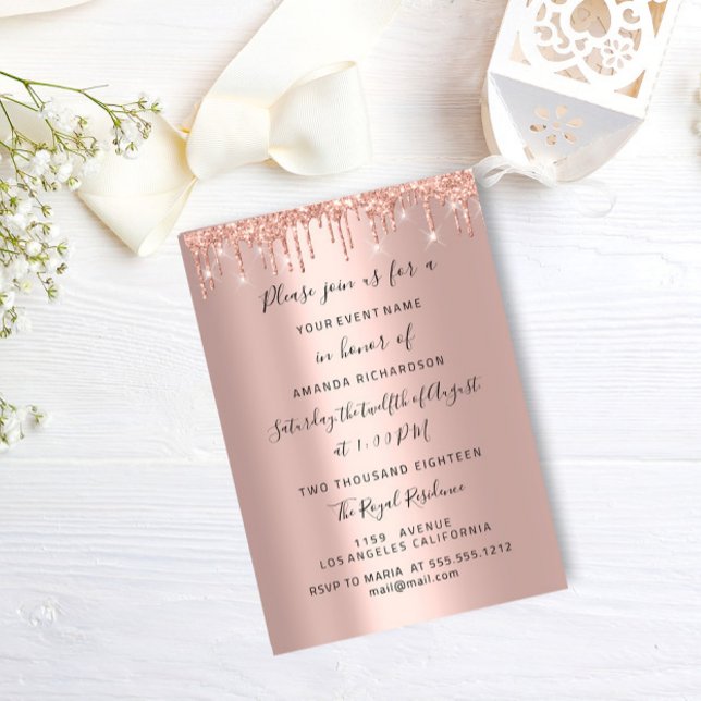 Modern drivrutin Ro Guld Möhippa Bröllop Spark Gli Inbjudningar (Modern Drips Rose Gold Bridal Wedding Spark Glit Invitation)