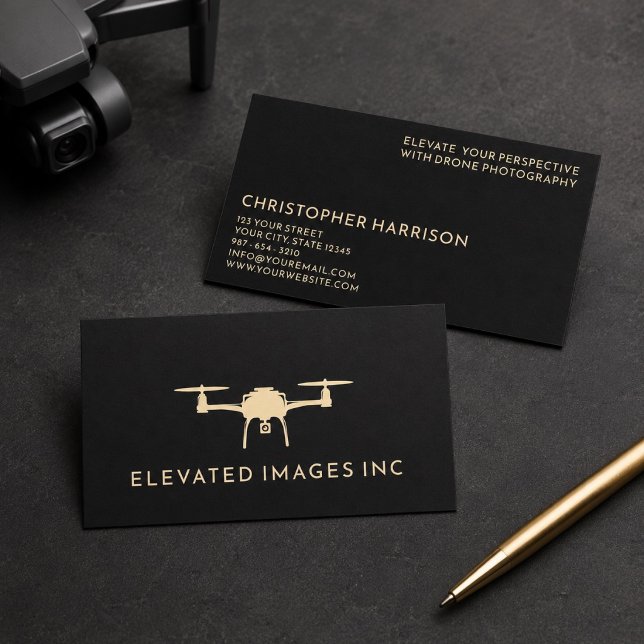 Modern Drone Operator Photography Black Guld Visitkort (Colors can be changed to your business brand colors.)