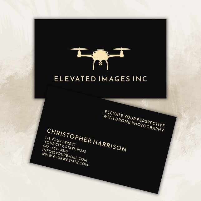 Modern Drone Operator Photography Black Guld Visitkort (Colors can be changed to your business brand colors.)