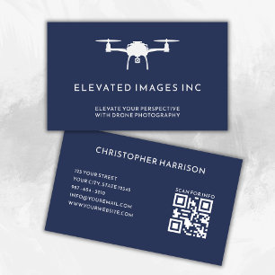 Modern Drone Pilot Photography QR Code Navy White Visitkort