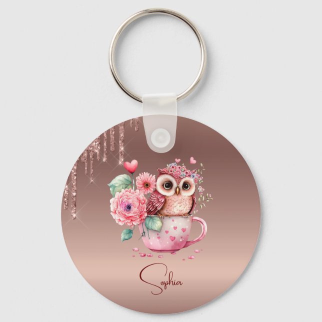 Modern Droppande Roséguld Monogram Personlig Uggle Nyckelring (Framsida)