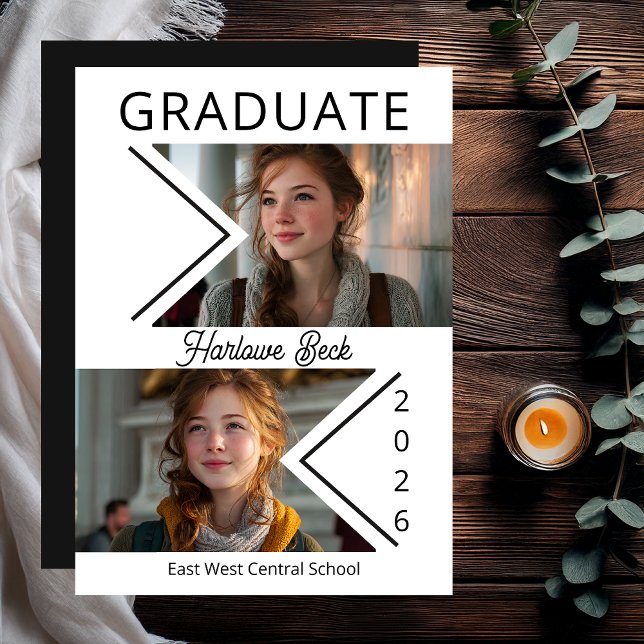 Modern Dubbel Chevron Fotoexamen 2026 Meddelande (Unique Modern Double Chevron Photo Graduation 2026 Announcement Card - Print | Digital)