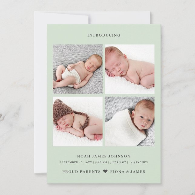 Modern Dusty Blek Grönt Photo Collage Grid Birth Meddelande (Framsida)