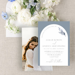 Modern Dusty Blue Arch Botanical Photo Bröllop Inv Inbjudningar
