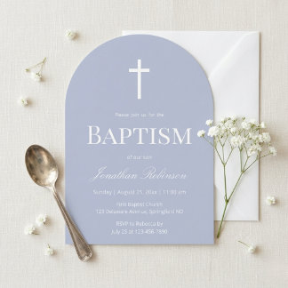 Modern Dusty Blue Arch Christening Baptism Inbjudningar