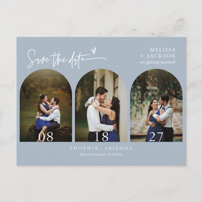 Modern Dusty Blue Arch Photo QR-kod Spara datum Vykort (Framsida)