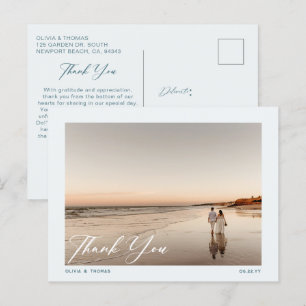 Modern Dusty Blue Beach Wedding Photo Tack Vykort