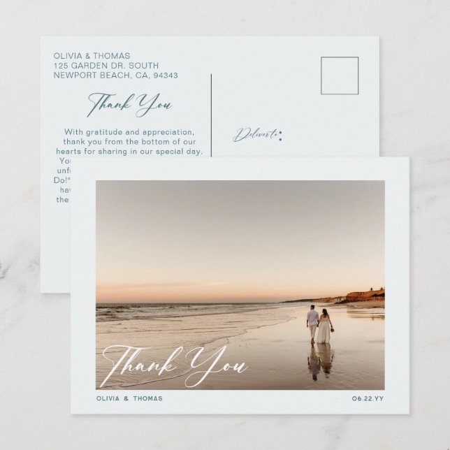 Modern Dusty Blue Beach Wedding Photo Tack Vykort (Fram/baksida)