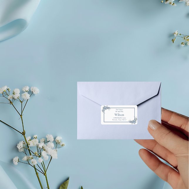 Modern Dusty Blue Blommigt Black Returadress Adressetikett (Skapare uppladdad)