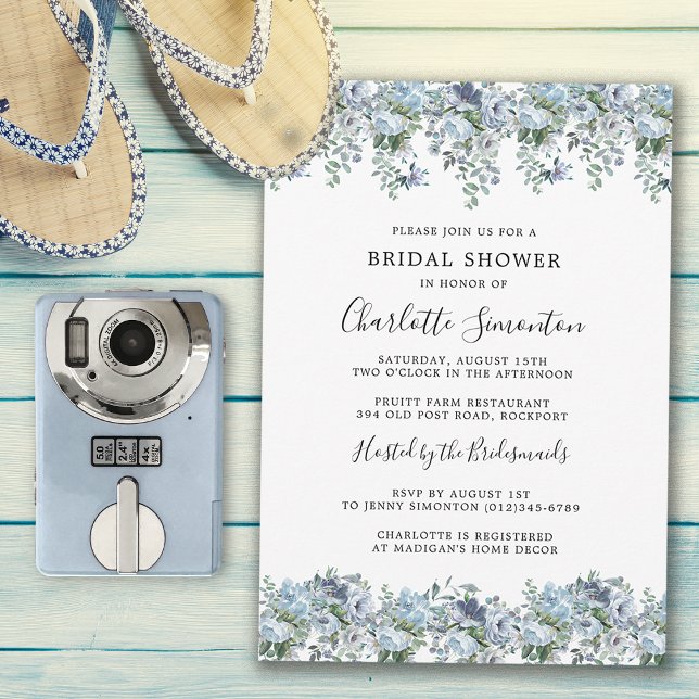 Modern Dusty Blue Blommigt Botanical Möhippa Inbjudningar (Add Summer Chic Style to your Bridal Shower with this Dusty Blue Invitation!)