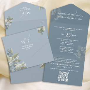 Modern Dusty Blue Blommigt Minimalist QR Code OSA