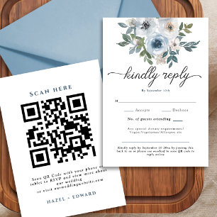 Modern Dusty Blue Blommigt QR-kodkort, Bröllop OSA Kort