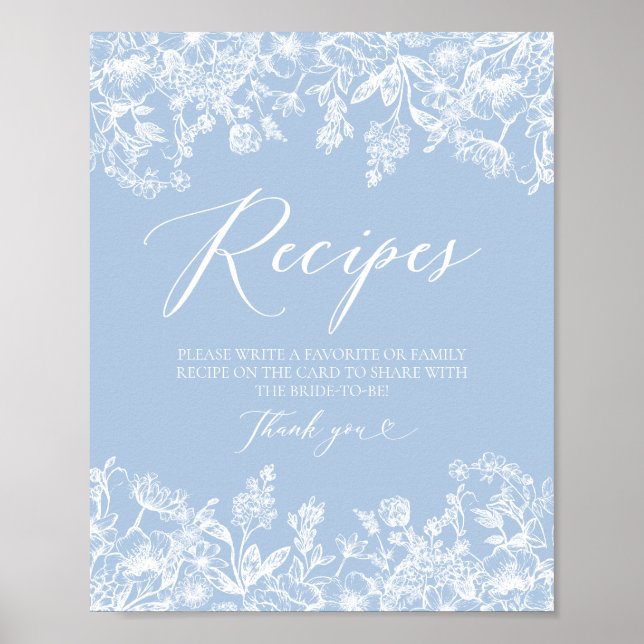Modern Dusty Blue Blommigt Recipe Card-Möhippa Poster (Framsidan)