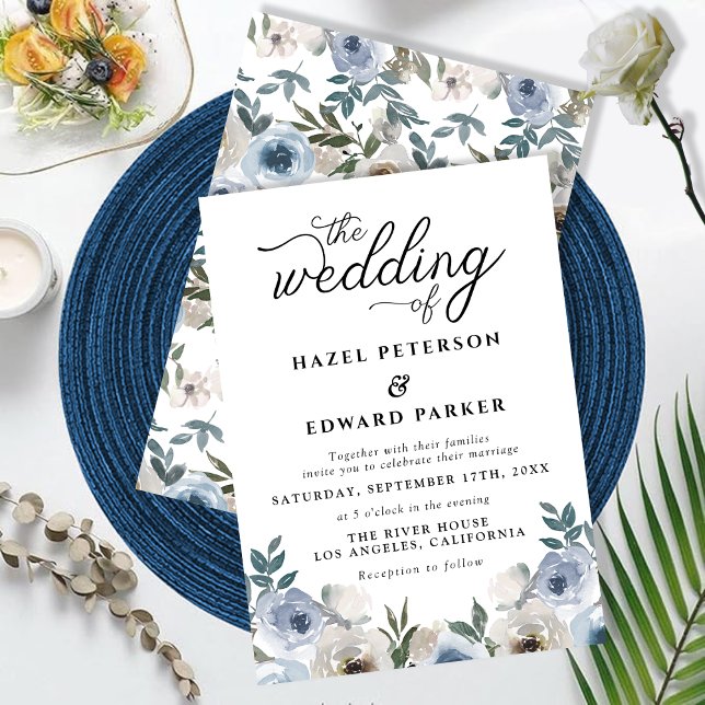 Modern Dusty Blue Blommigt Watercolor Script Bröll Inbjudningar (Modern Dusty Blue Floral Watercolor Script Wedding Invitation)