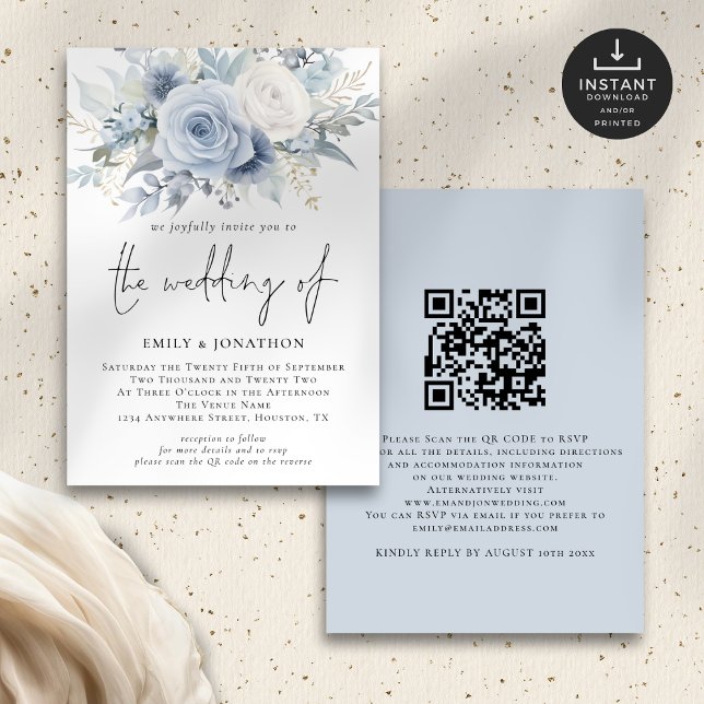 Modern Dusty Blue Blommigts QR-kod Bröllop Inbjudningar (Front and back view)