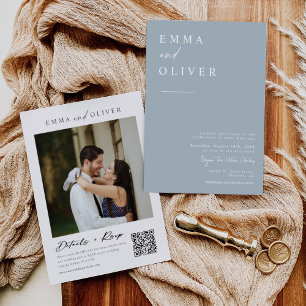 Modern Dusty Blue Boho Bröllop Photo QR Code OSA Inbjudningar
