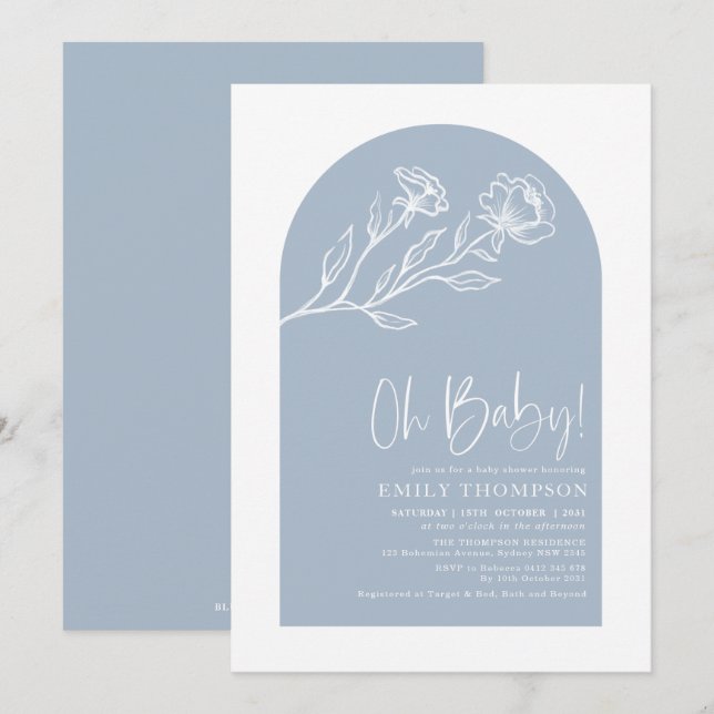 Modern Dusty Blue Botanical Arch Baby Shower Inbjudningar (Fram/baksida)