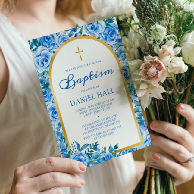 Modern Dusty Blue Boy Baptism Inbjudningar (Skapare uppladdad)
