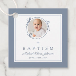 Modern Dusty Blue Boy Baptism Photo Gåvor Etiketter