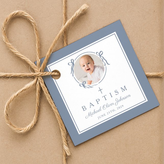 Modern Dusty Blue Boy Baptism Photo Gåvor Etiketter (Modern Dusty Blue Boy Baptism Photo Favor Tags)