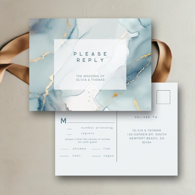 Modern Dusty Blue Chic Beach Wedding Meal OSA Inbjudan Vykort (dusty blue wedding rsvp meal card beach summer elegant bohemian modern romantic gold chic)