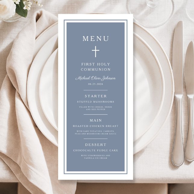 Modern Dusty Blue Cross Boy First Communion Meny (Modern Dusty Blue Cross Boy First Communion Menu)