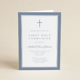 Modern Dusty Blue Cross Boy First Holy Communion Inbjudan